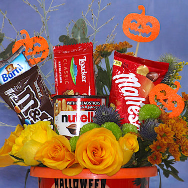 Halloween Pumpkin Basket with Orange Roses, Chrysanthemums & Sweet Treats